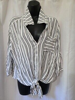 Striped Tie-Front Button-Down Shirt in Black and White